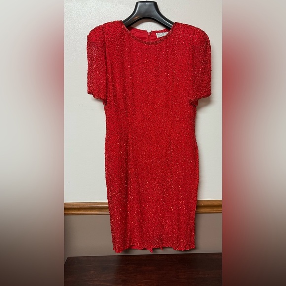 Oleg Cassini Vintage Radiant Red Sequin Midi Dress Size 12 - Picture 8 of 9